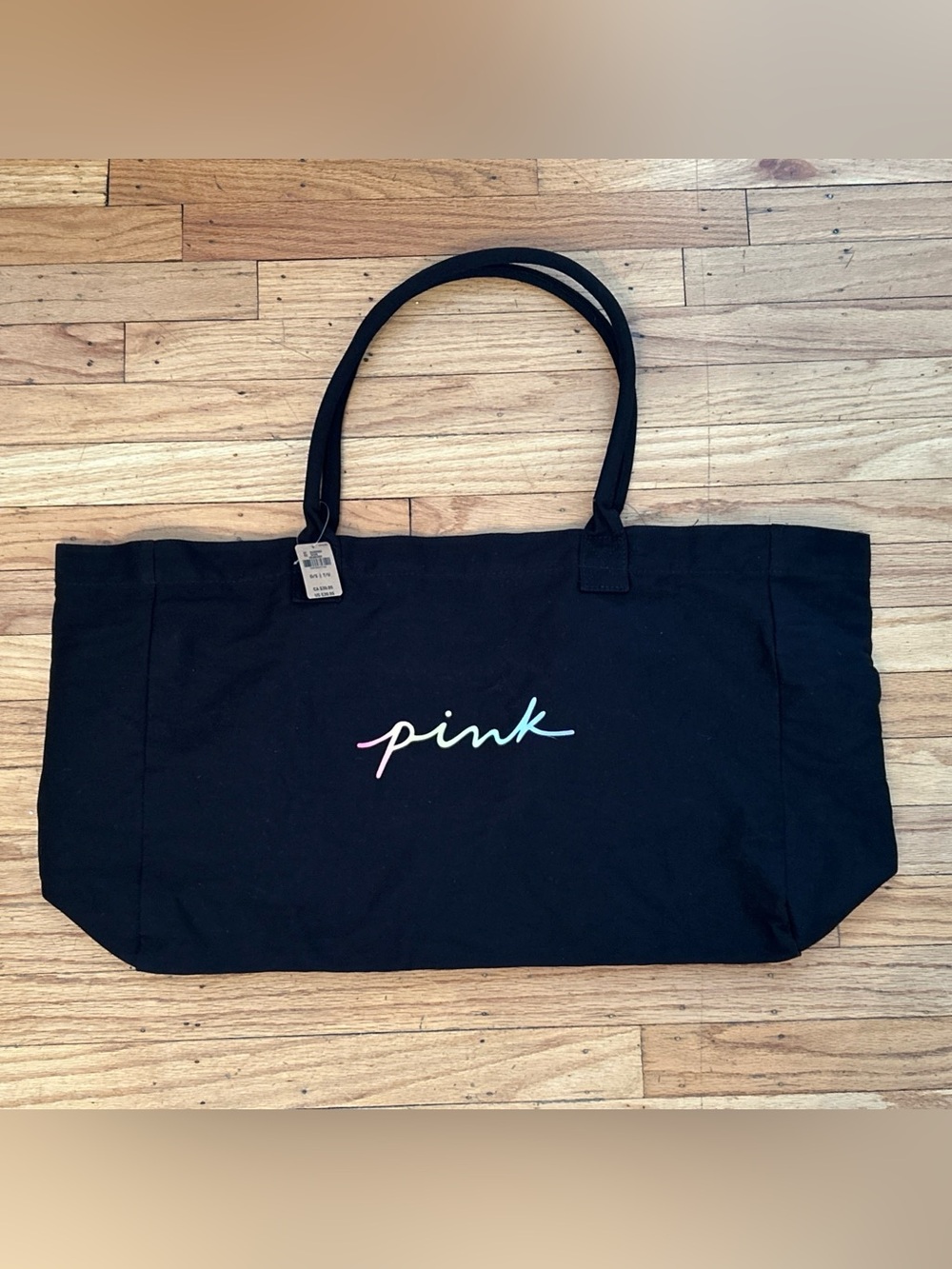 Victoria's Secret PINK XL Black Canvas Tote Bag Colorful Rainbow Script Logo